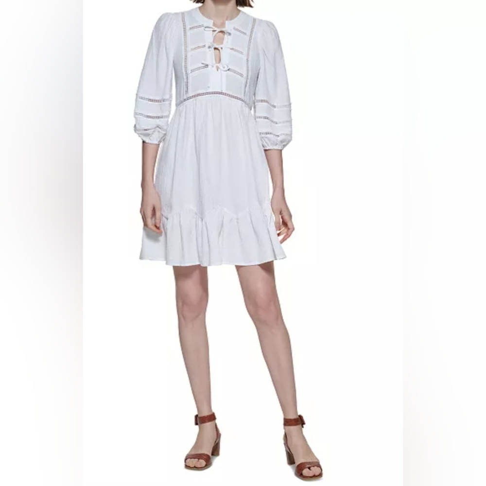 White Lace-Inset Tie-Front Mini Dress By Calvin KLEIN